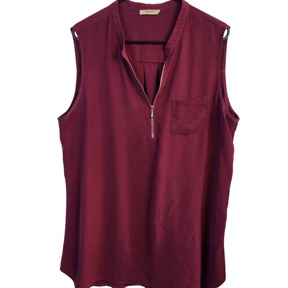 Timeson Womens XXL Burgundy‎ Sleeveless Blouse Zip Front Pocket Flowy Career To